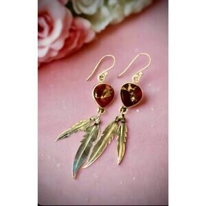 Red Rose Dahlia Feather Native American Style Dangle Earrings 1.5”